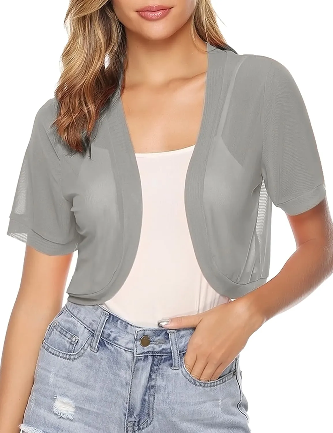 Aiboria Women Shrug Open Front Mesh Cropped Bolero Short Sleeve Sheer Cardigan