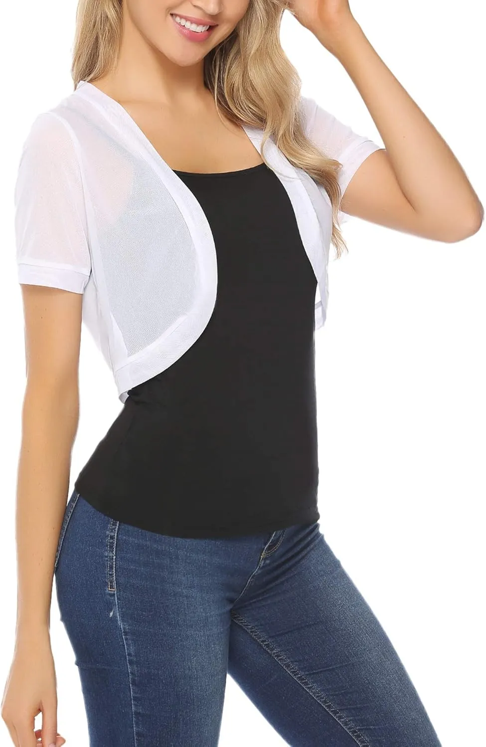 Aiboria Women Shrug Open Front Mesh Cropped Bolero Short Sleeve Sheer Cardigan