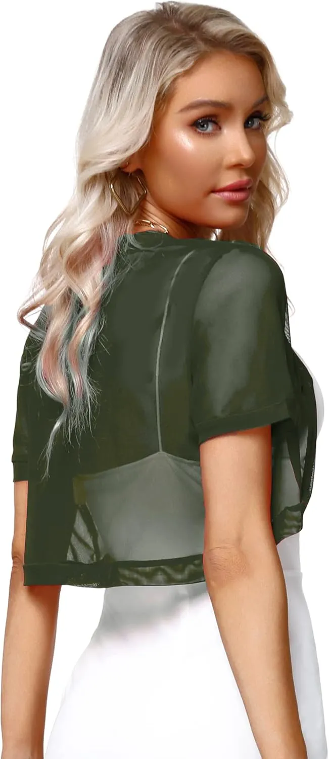 Aiboria Women Shrug Open Front Mesh Cropped Bolero Short Sleeve Sheer Cardigan
