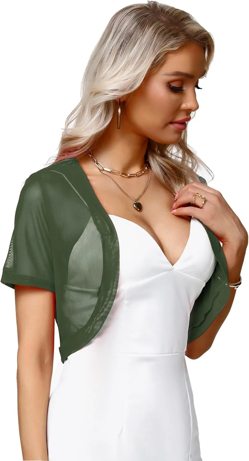 Aiboria Women Shrug Open Front Mesh Cropped Bolero Short Sleeve Sheer Cardigan