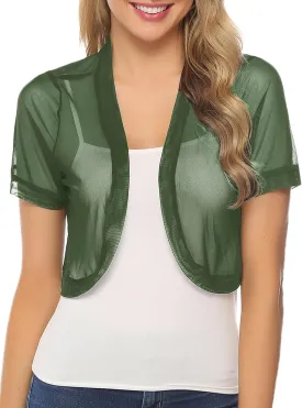 Aiboria Women Shrug Open Front Mesh Cropped Bolero Short Sleeve Sheer Cardigan