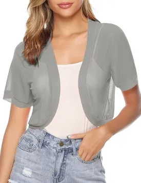 Aiboria Women Shrug Open Front Mesh Cropped Bolero Short Sleeve Sheer Cardigan