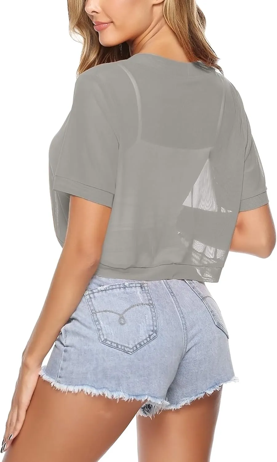 Aiboria Women Shrug Open Front Mesh Cropped Bolero Short Sleeve Sheer Cardigan