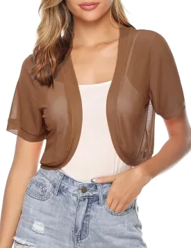 Aiboria Women Shrug Open Front Mesh Cropped Bolero Short Sleeve Sheer Cardigan