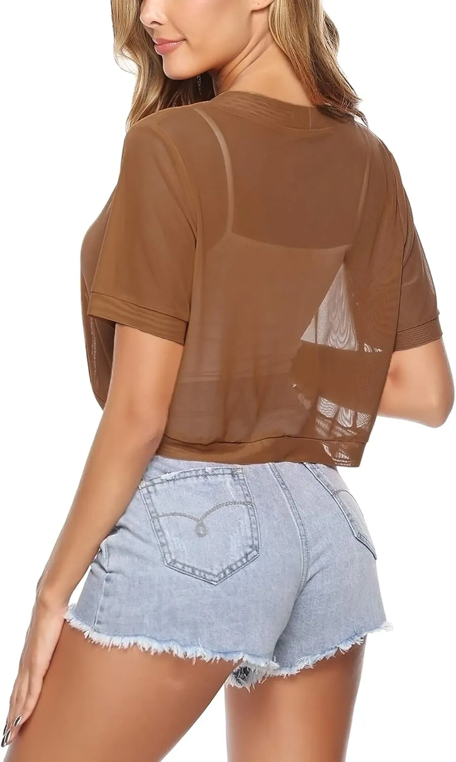Aiboria Women Shrug Open Front Mesh Cropped Bolero Short Sleeve Sheer Cardigan