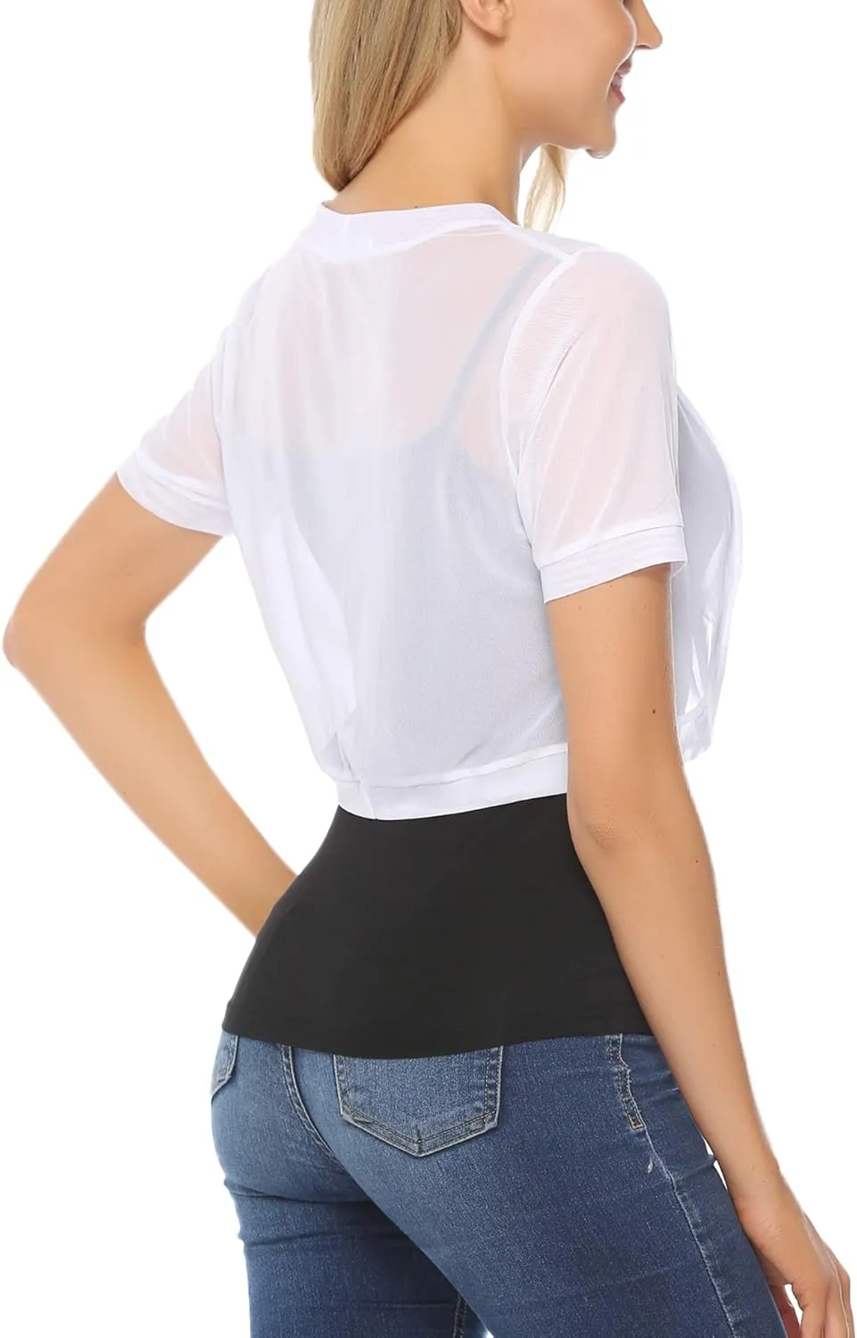 Aiboria Women Shrug Open Front Mesh Cropped Bolero Short Sleeve Sheer Cardigan