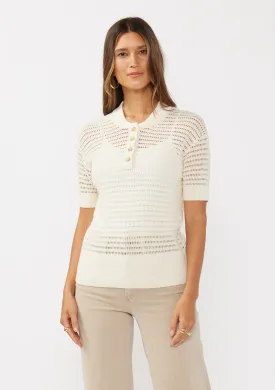 Airy Open-Knit Short Sleeve Henley Top