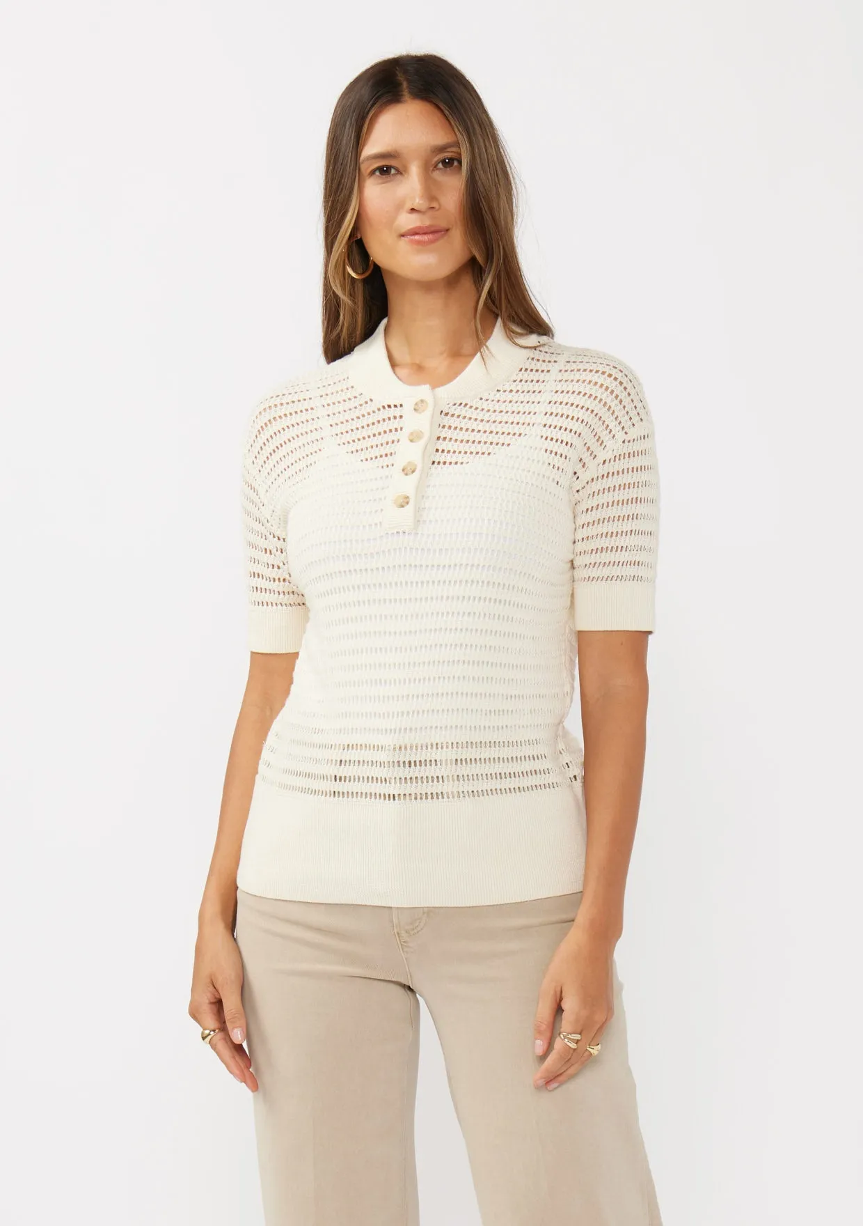 Airy Open-Knit Short Sleeve Henley Top