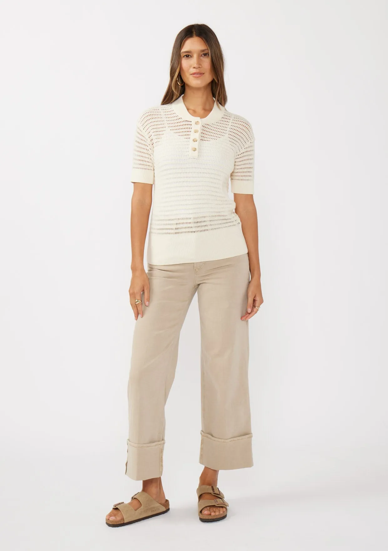 Airy Open-Knit Short Sleeve Henley Top
