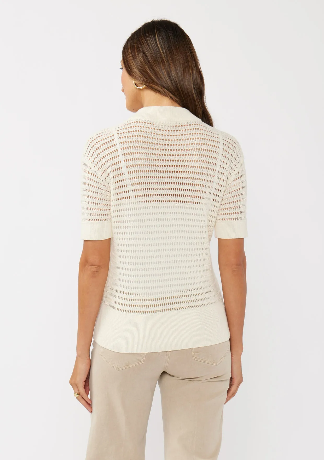 Airy Open-Knit Short Sleeve Henley Top