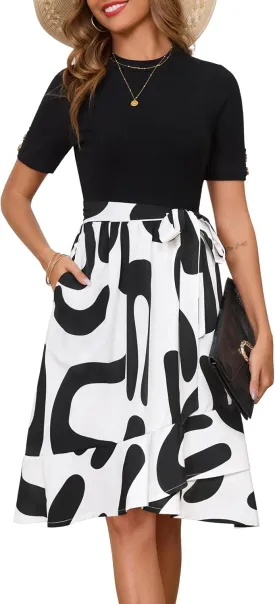 Annebouti Womens 2025 Short Sleeve Spring Summer Ribbed Modest Semi-Formal Teacher Casual Work Midi Dress with Pockets