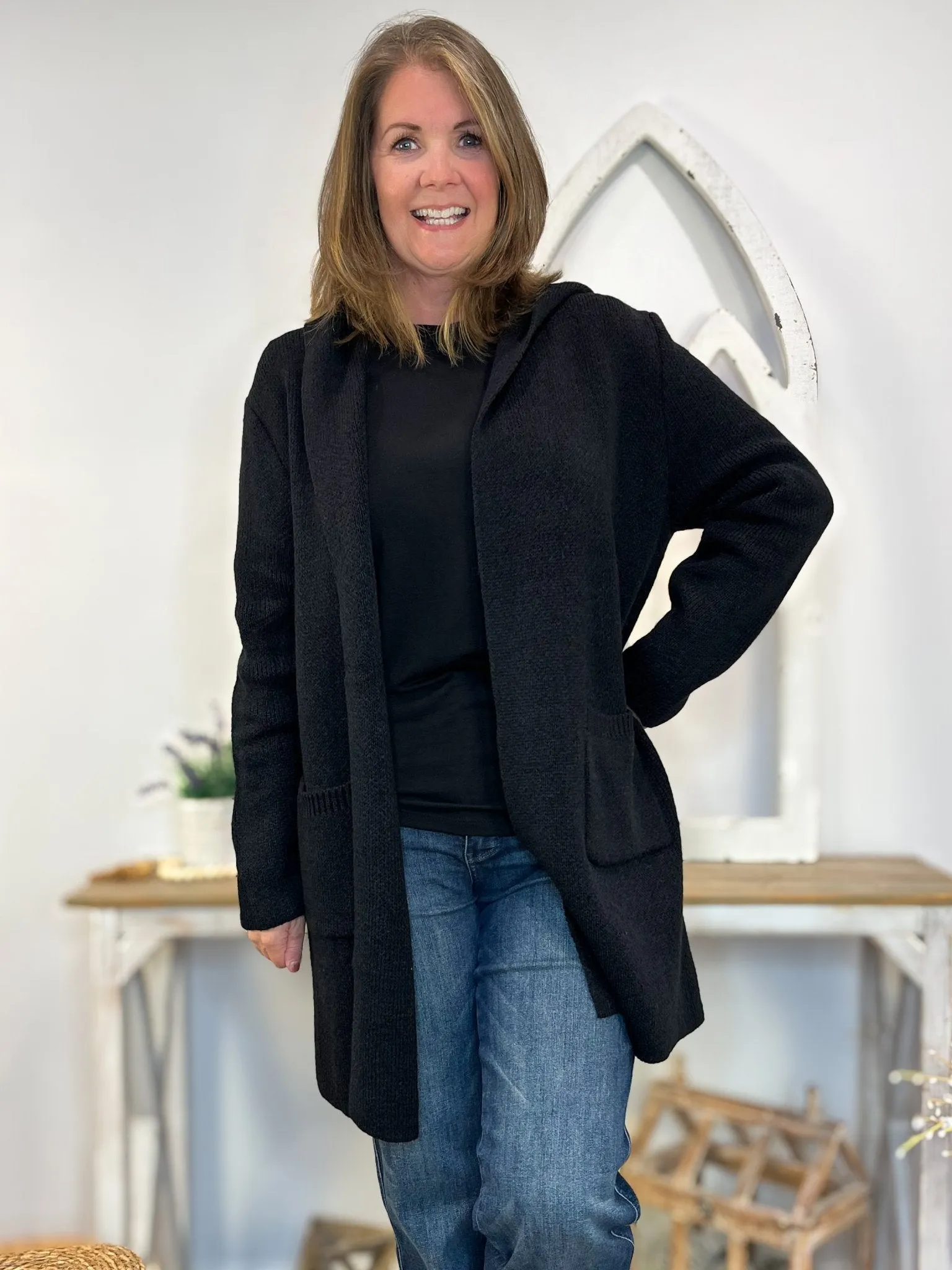 Black Hooded Cardigan Sweater