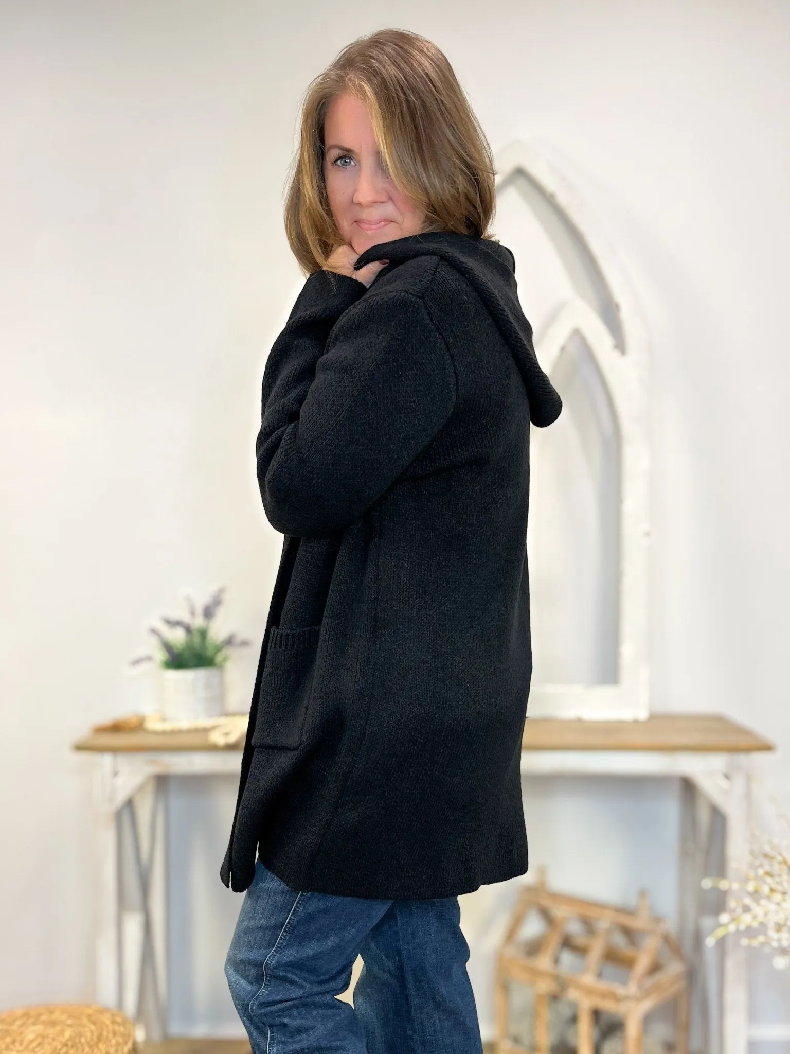 Black Hooded Cardigan Sweater