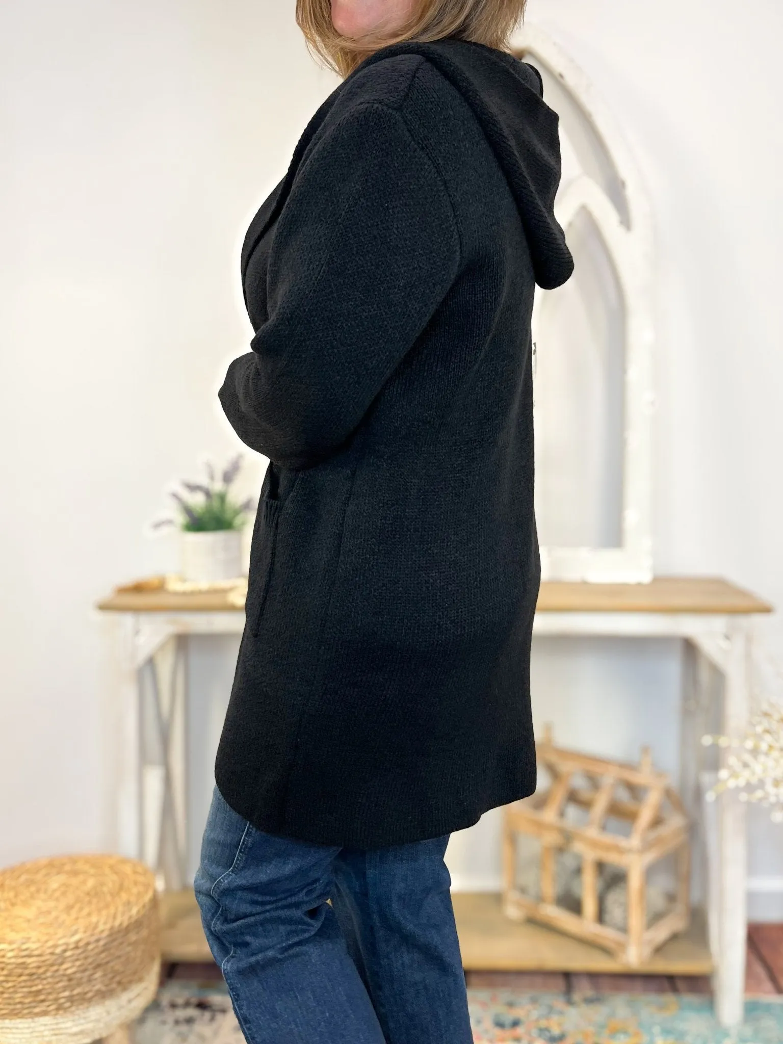 Black Hooded Cardigan Sweater