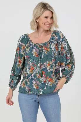 Bohemian Spring Floral Blouse Ballon Sleeve Crochet Insets
