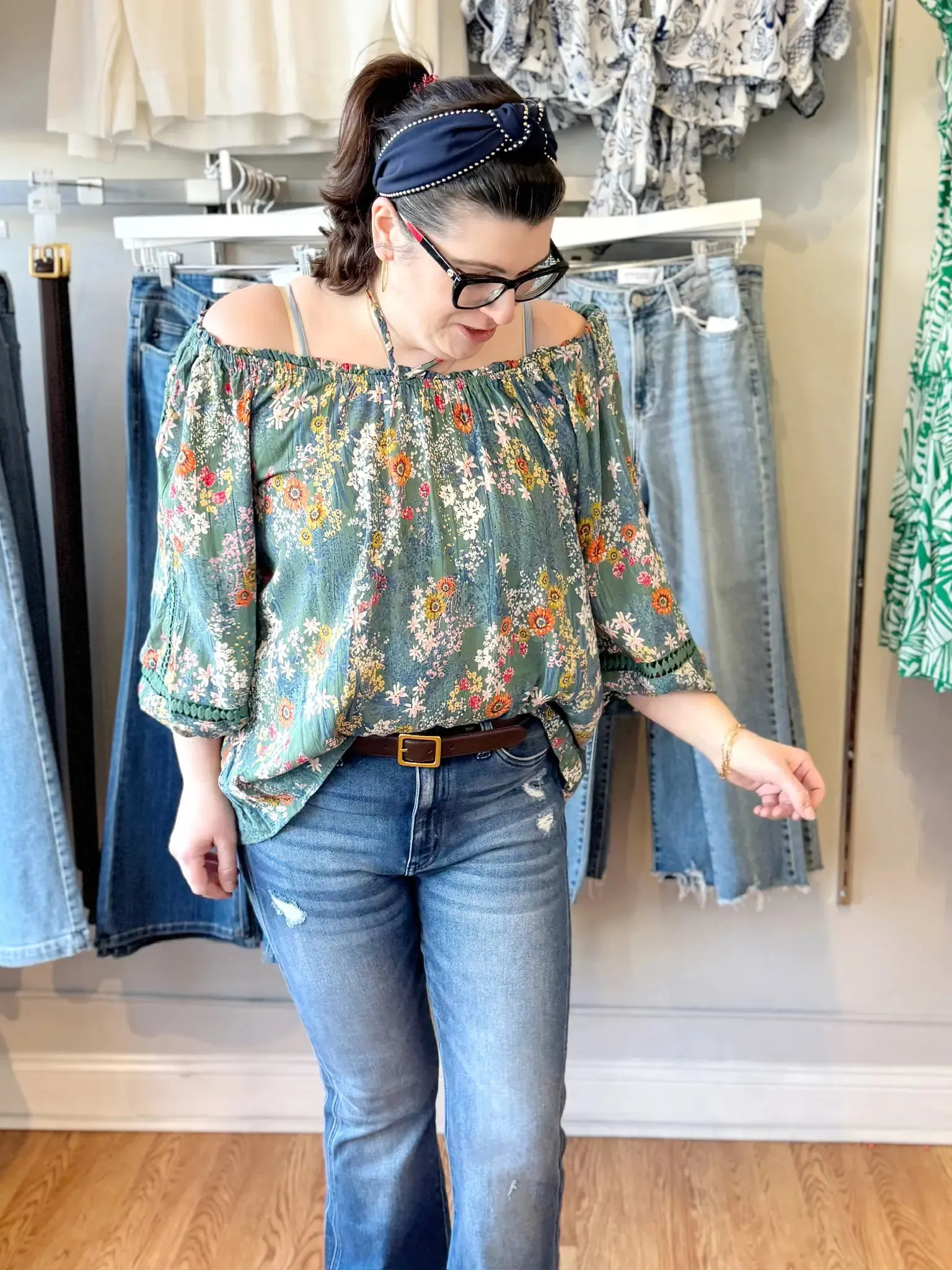 Bohemian Spring Floral Blouse Ballon Sleeve Crochet Insets
