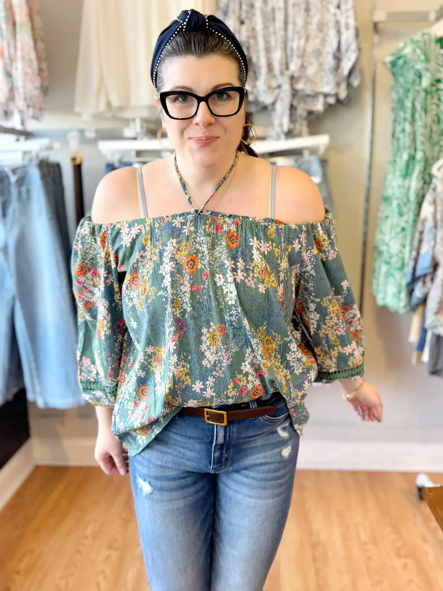 Bohemian Spring Floral Blouse Ballon Sleeve Crochet Insets