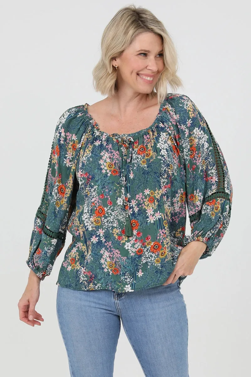 Bohemian Spring Floral Blouse Ballon Sleeve Crochet Insets