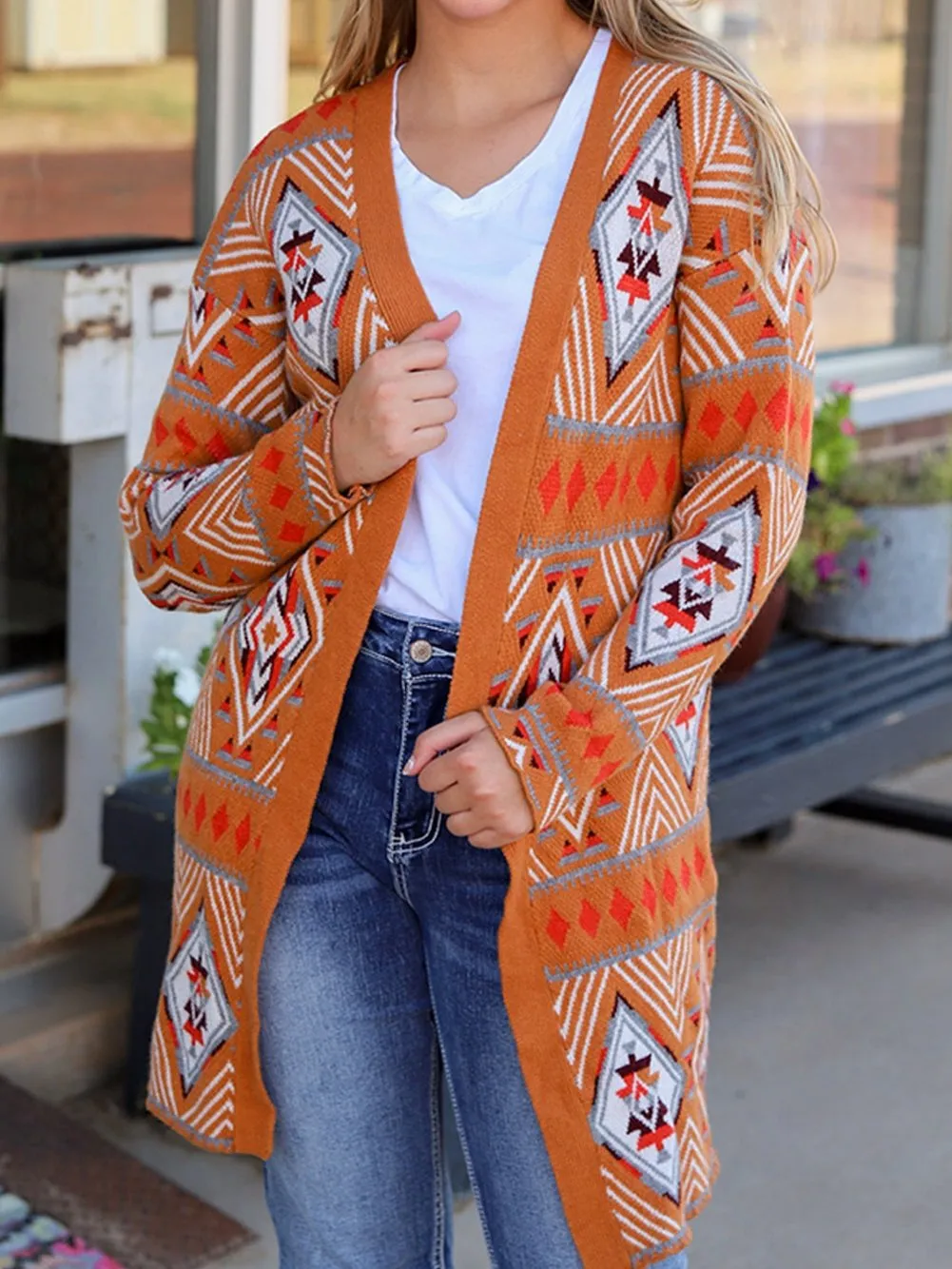 Brown Aztec Geometric Knit Cardigan with Open Front