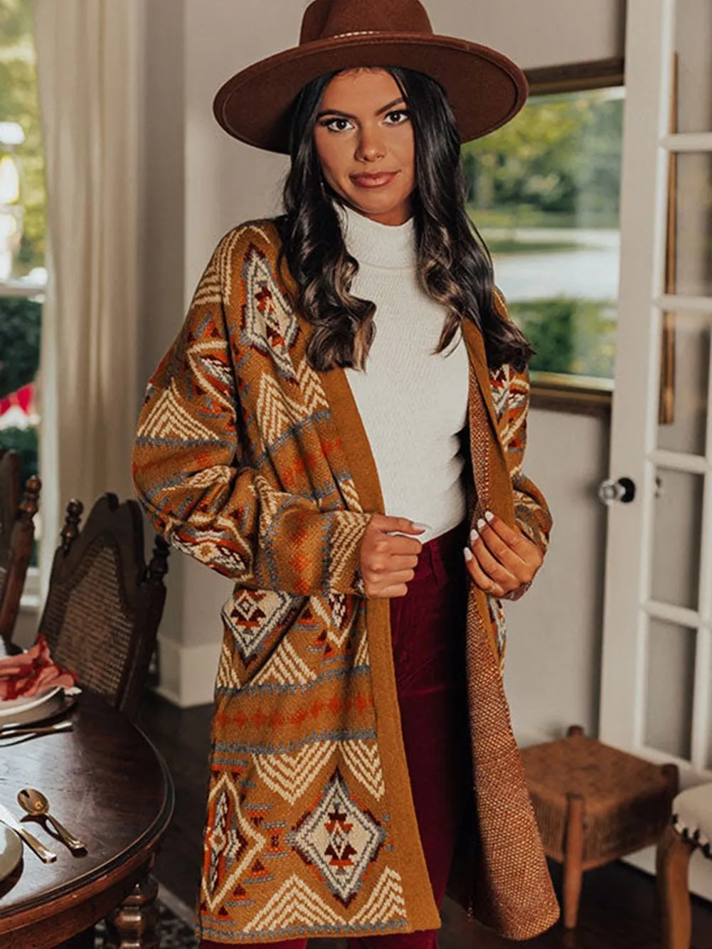 Brown Aztec Geometric Knit Cardigan with Open Front