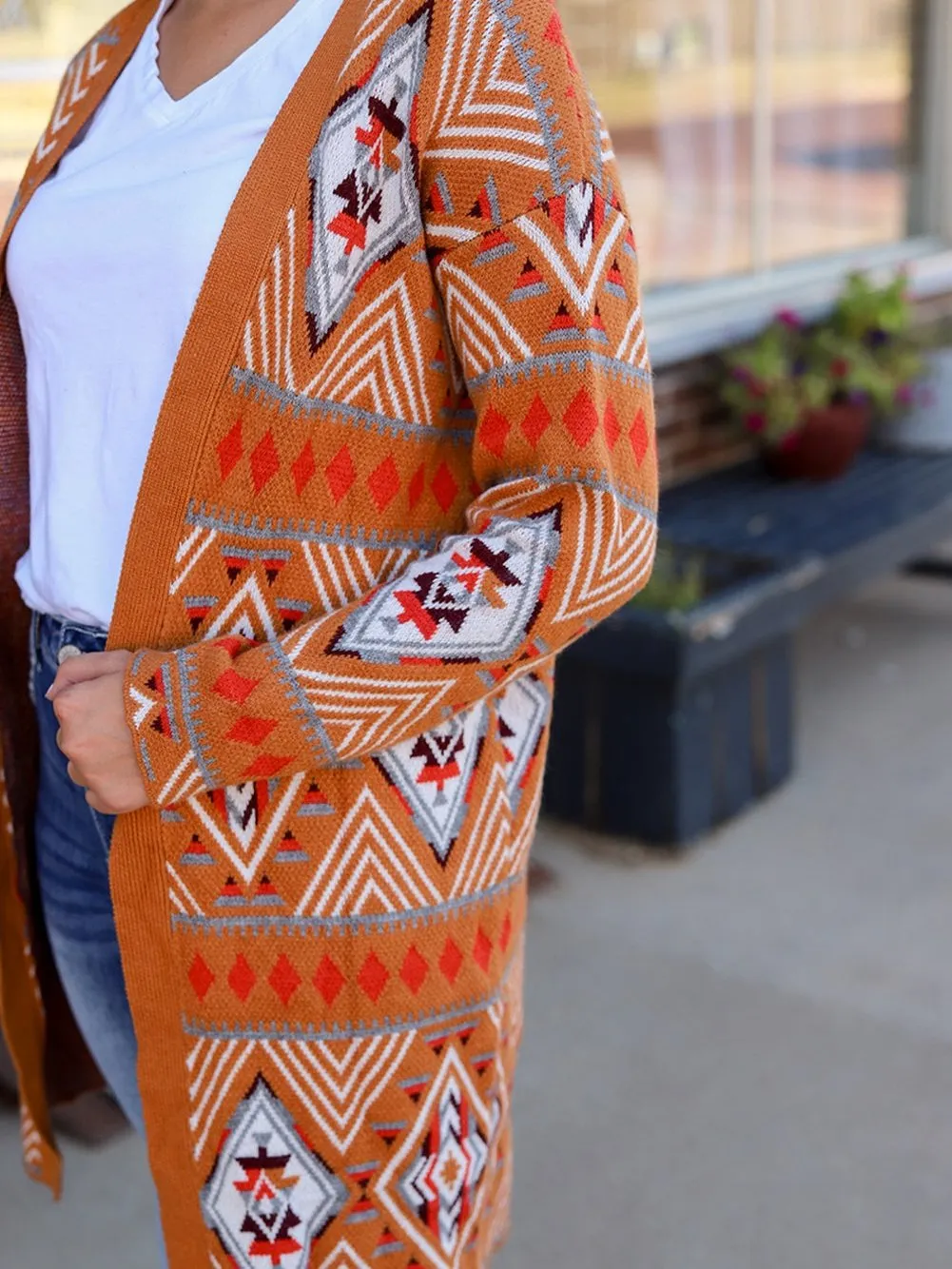 Brown Aztec Geometric Knit Cardigan with Open Front