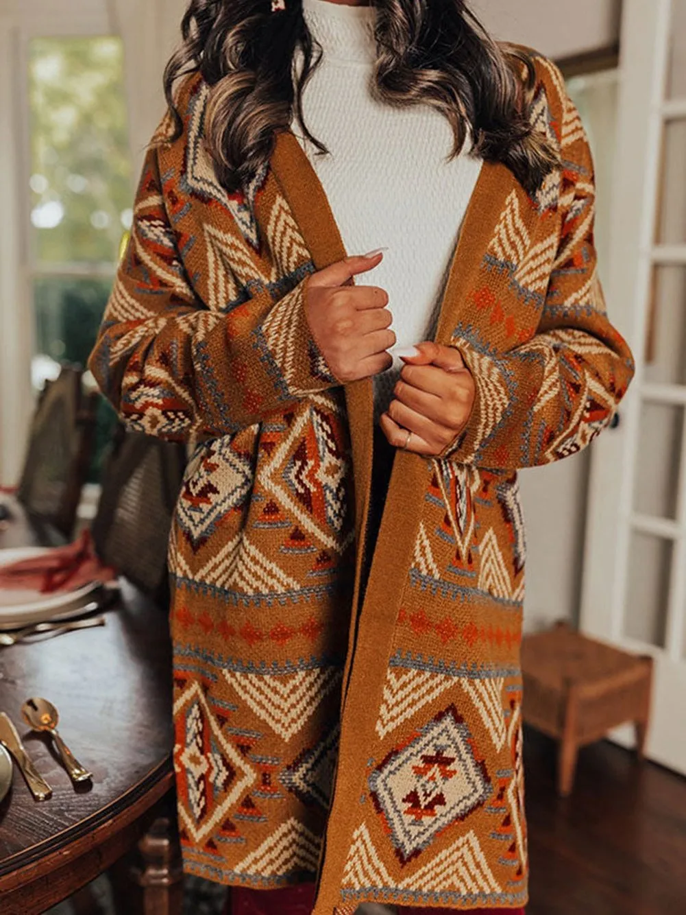 Brown Aztec Geometric Knit Cardigan with Open Front