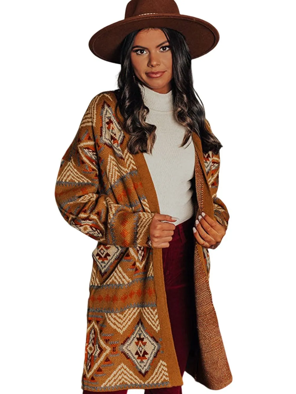 Brown Aztec Geometric Knit Cardigan with Open Front
