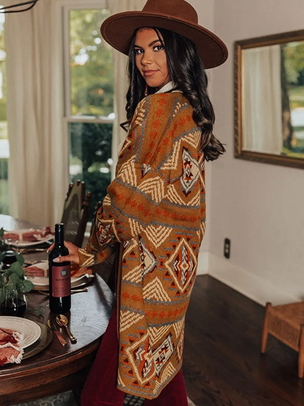 Brown Aztec Geometric Knit Cardigan with Open Front