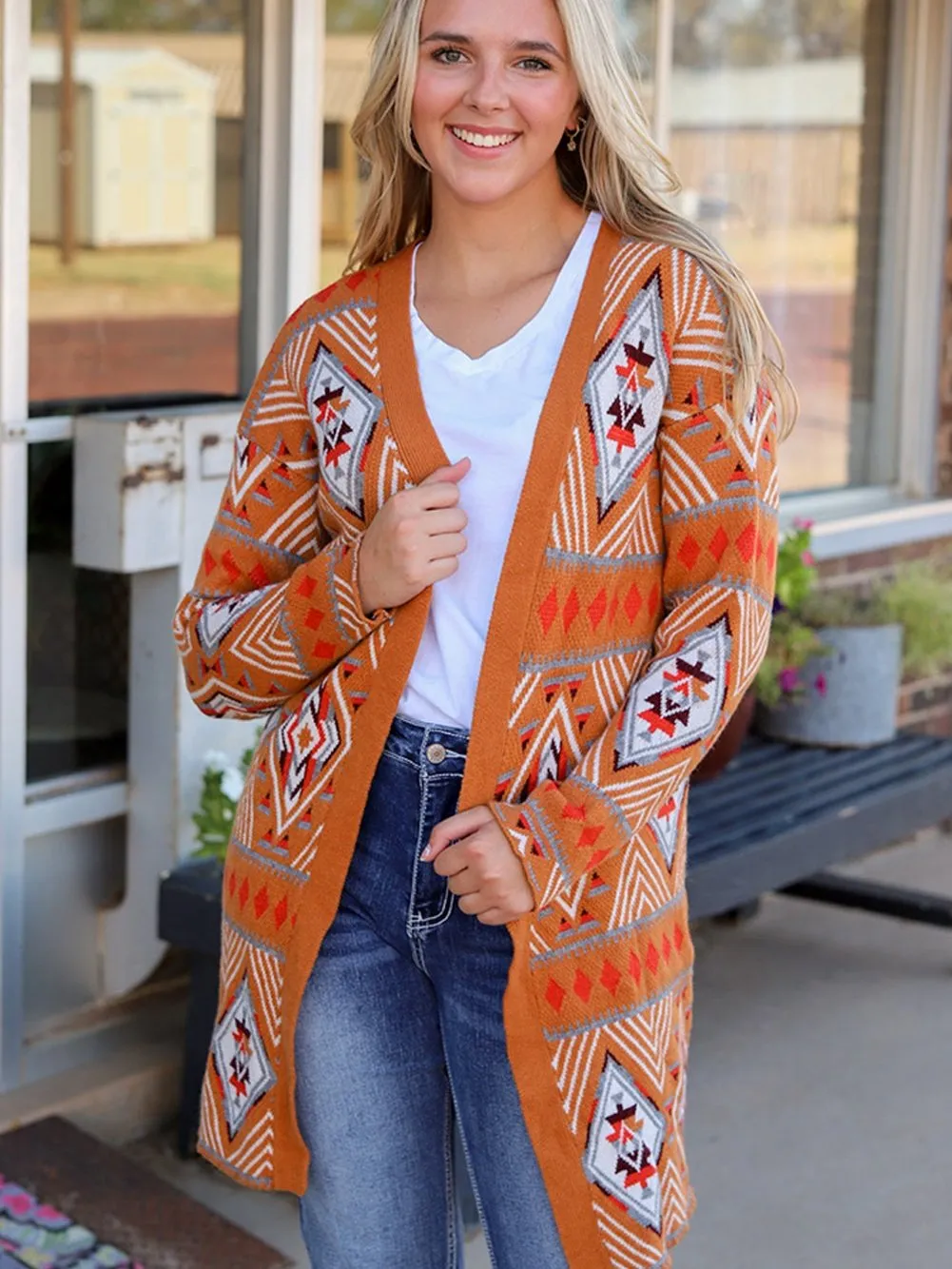 Brown Aztec Geometric Knit Cardigan with Open Front