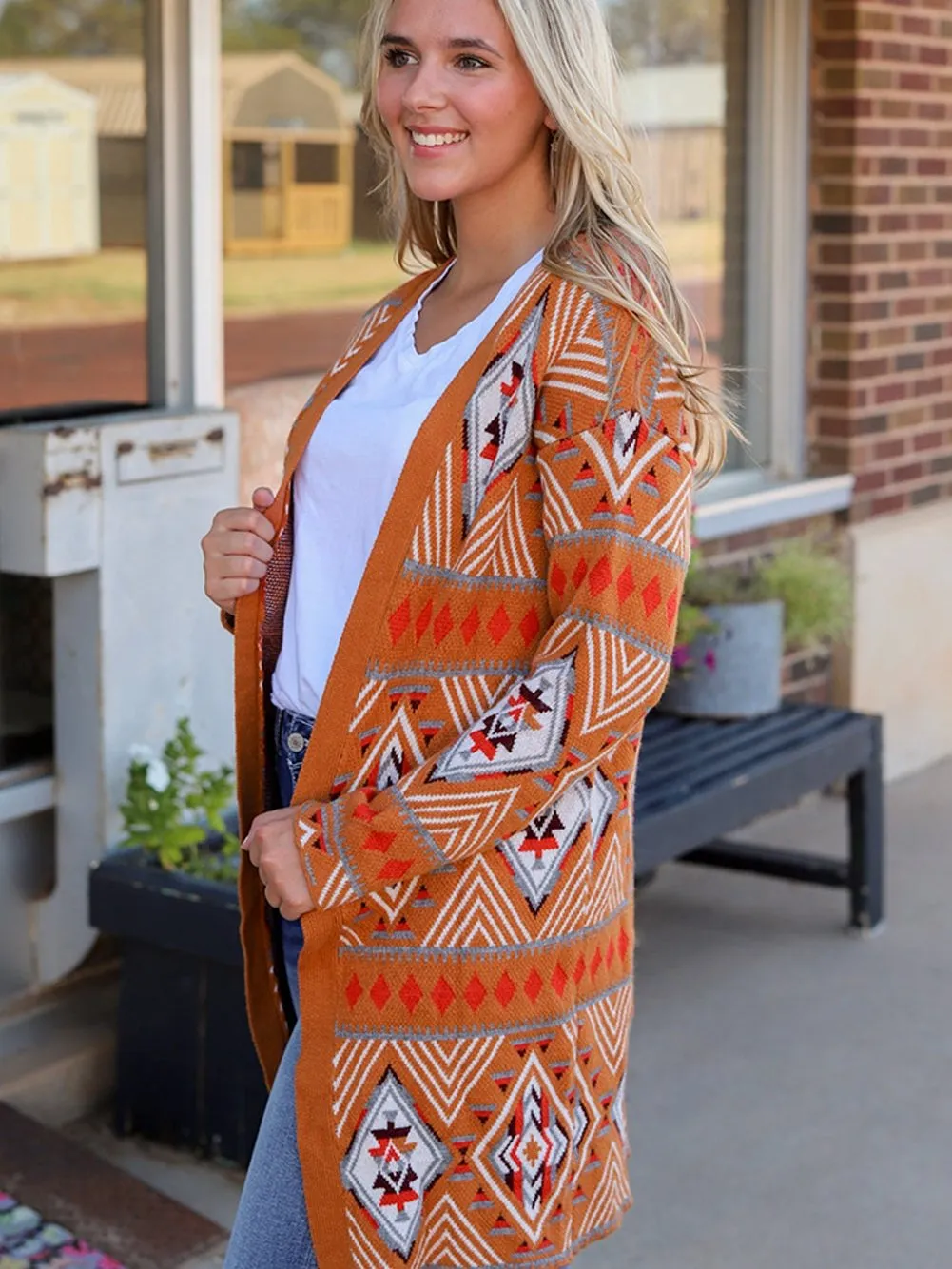 Brown Aztec Geometric Knit Cardigan with Open Front