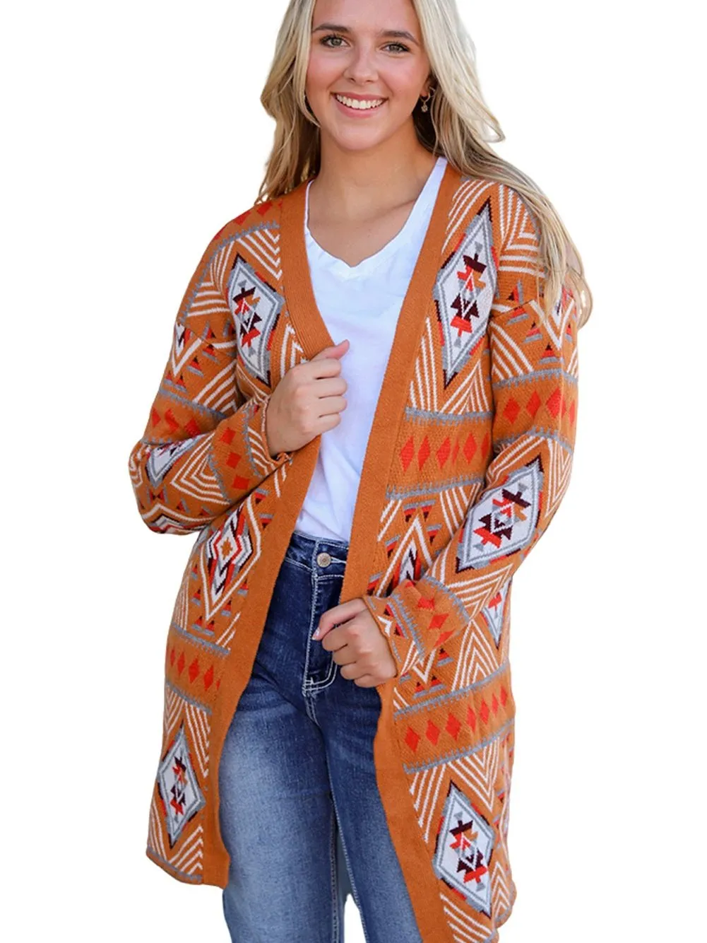 Brown Aztec Geometric Knit Cardigan with Open Front