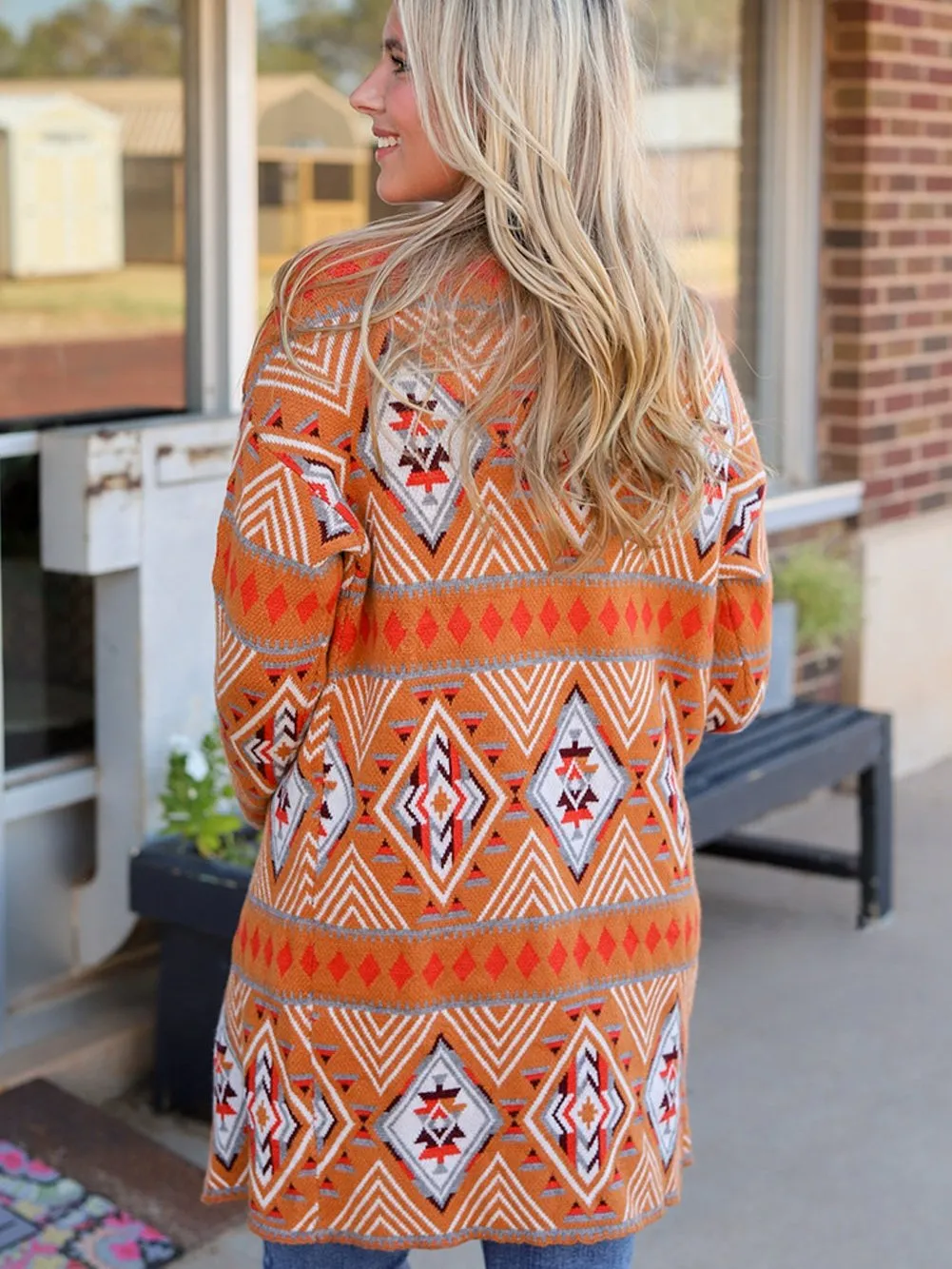 Brown Aztec Geometric Knit Cardigan with Open Front