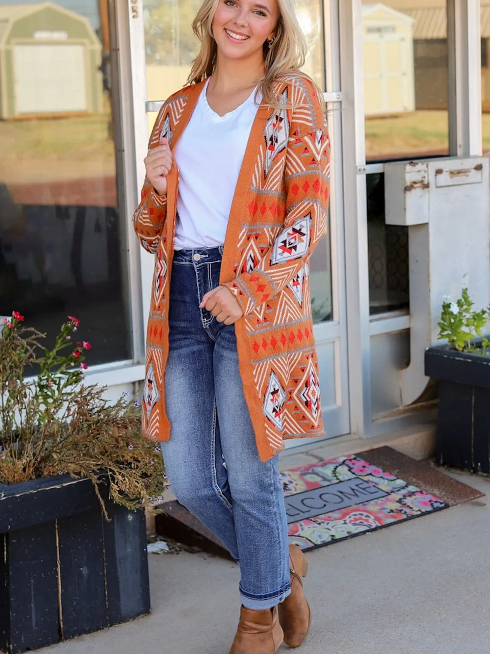 Brown Aztec Geometric Knit Cardigan with Open Front