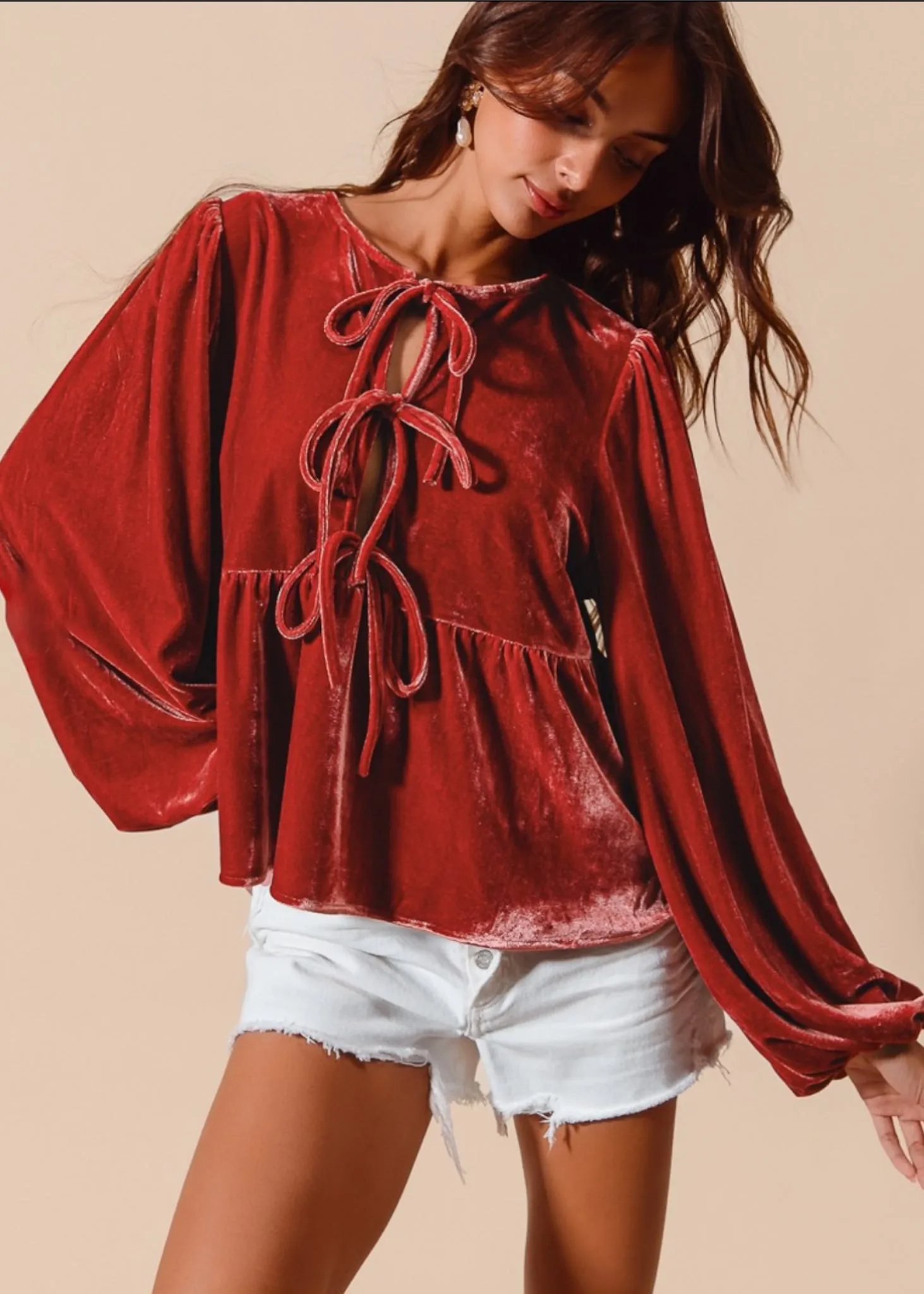 Carmine, Women’s Velvet Tie Front Peplum Blouse, Red