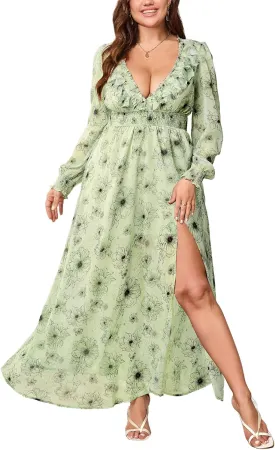 Chiffon Dresses for Women Deep V Neck Floral Long Sleeve Slit Evening Party Wedding Guest Dress