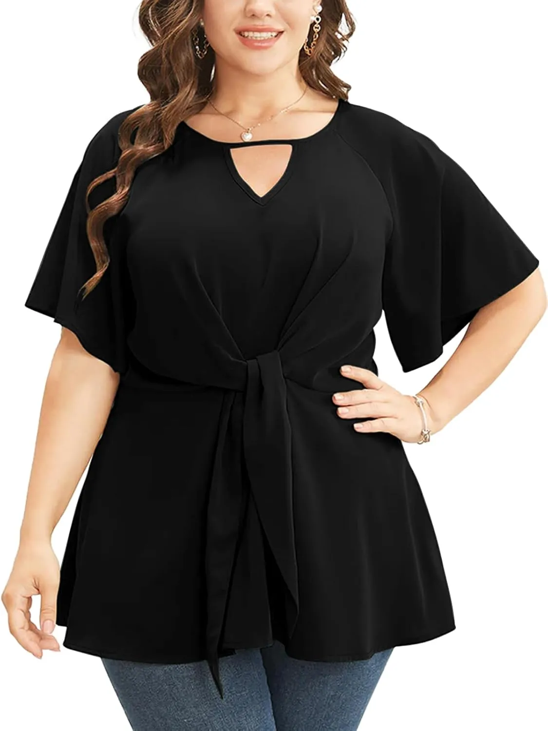 Cicy Bell Womens Plus Size Peplum Tops V Neck Keyhole Tie Front Ruffle Short Sleeve Tunic Blouse