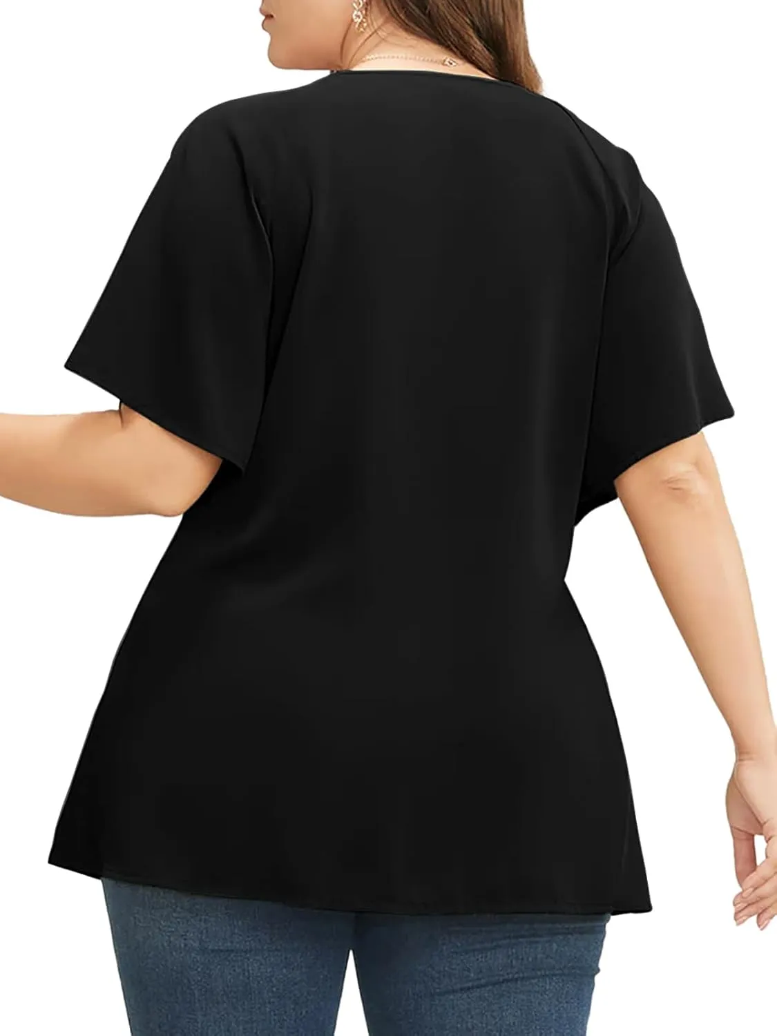 Cicy Bell Womens Plus Size Peplum Tops V Neck Keyhole Tie Front Ruffle Short Sleeve Tunic Blouse