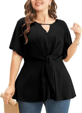 Cicy Bell Womens Plus Size Peplum Tops V Neck Keyhole Tie Front Ruffle Short Sleeve Tunic Blouse