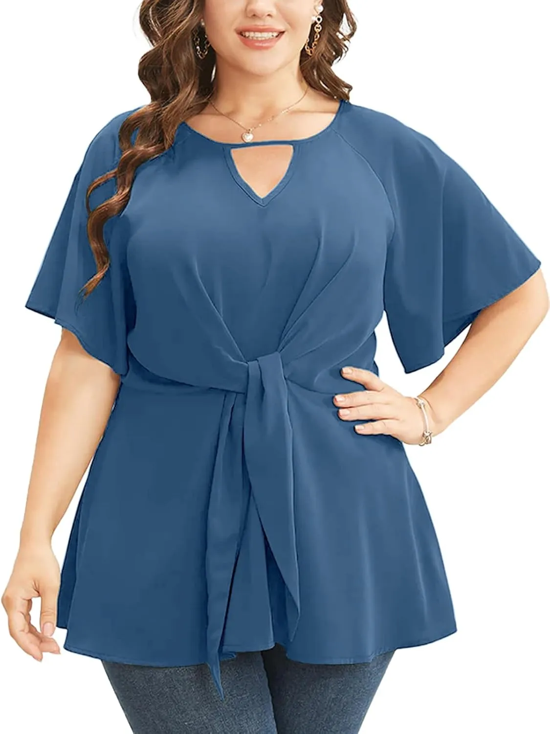 Cicy Bell Womens Plus Size Peplum Tops V Neck Keyhole Tie Front Ruffle Short Sleeve Tunic Blouse