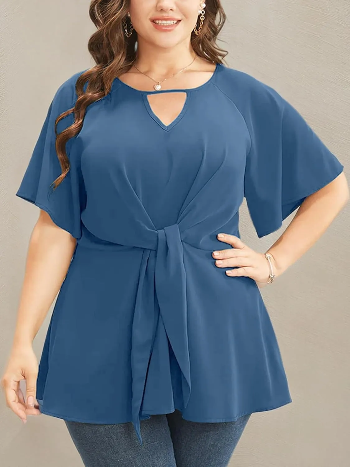 Cicy Bell Womens Plus Size Peplum Tops V Neck Keyhole Tie Front Ruffle Short Sleeve Tunic Blouse