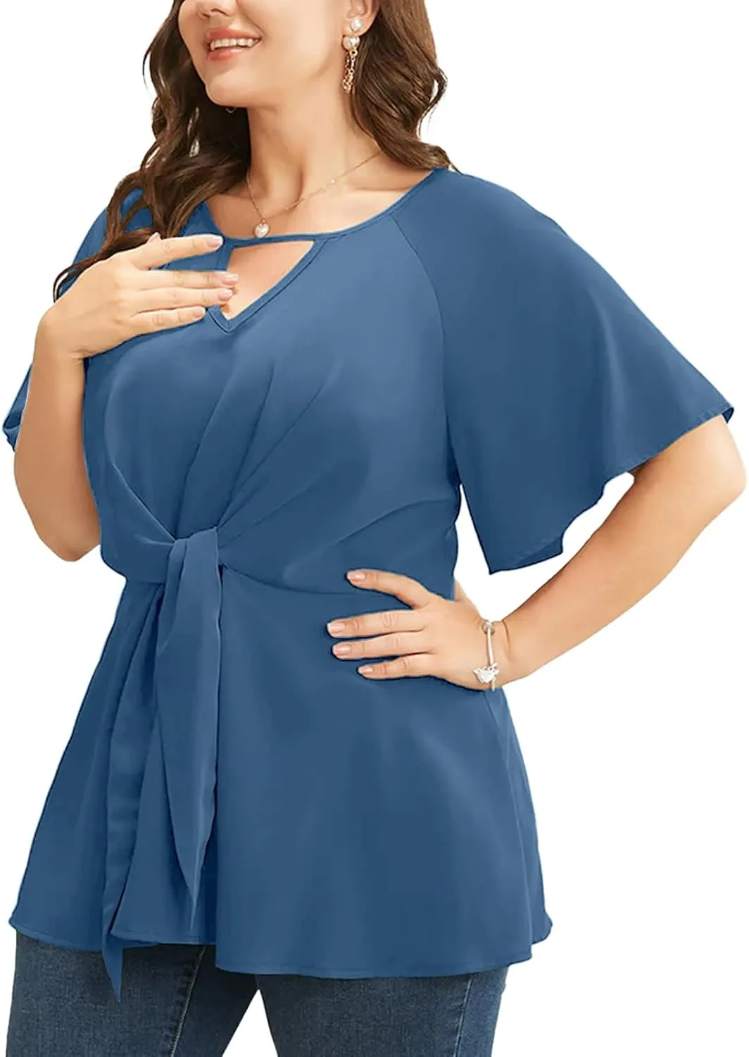 Cicy Bell Womens Plus Size Peplum Tops V Neck Keyhole Tie Front Ruffle Short Sleeve Tunic Blouse