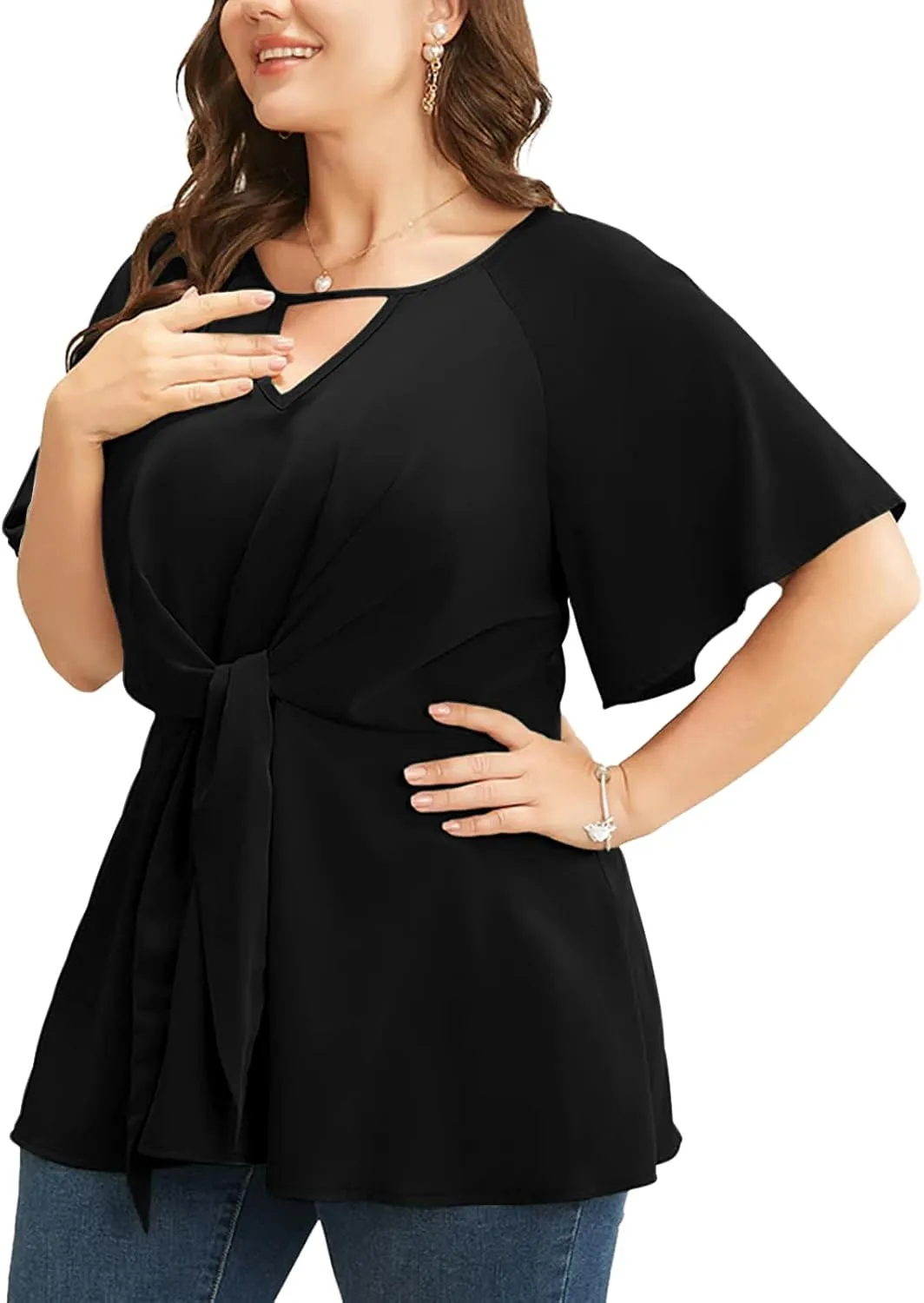 Cicy Bell Womens Plus Size Peplum Tops V Neck Keyhole Tie Front Ruffle Short Sleeve Tunic Blouse