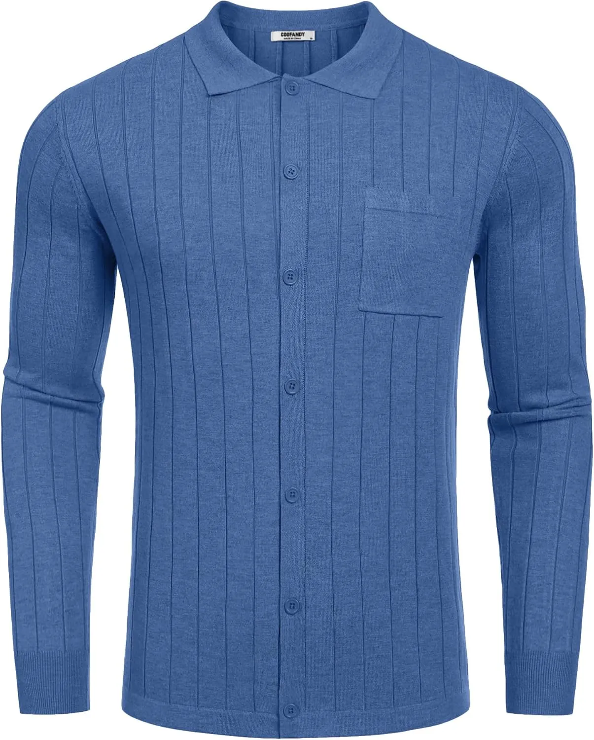 COOFANDY Men's Casual Knit Polo Shirts Long Sleeve Button Down Sweater Polo Ribbed Cardigan Sweater with Pocket