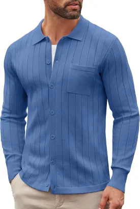 COOFANDY Men's Casual Knit Polo Shirts Long Sleeve Button Down Sweater Polo Ribbed Cardigan Sweater with Pocket