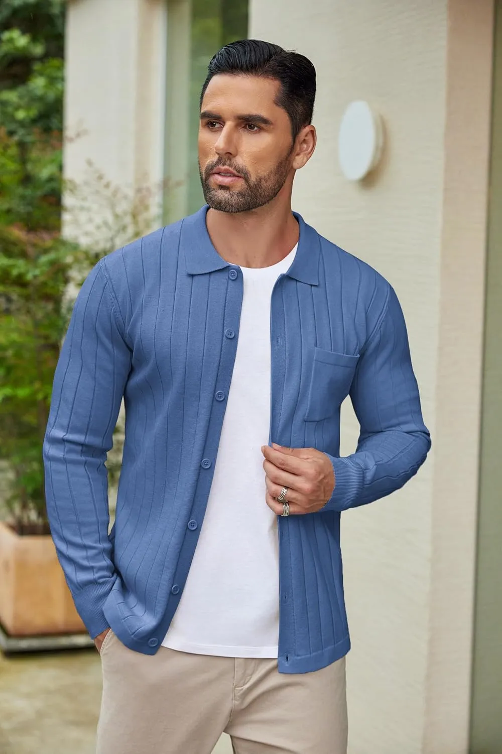 COOFANDY Men's Casual Knit Polo Shirts Long Sleeve Button Down Sweater Polo Ribbed Cardigan Sweater with Pocket
