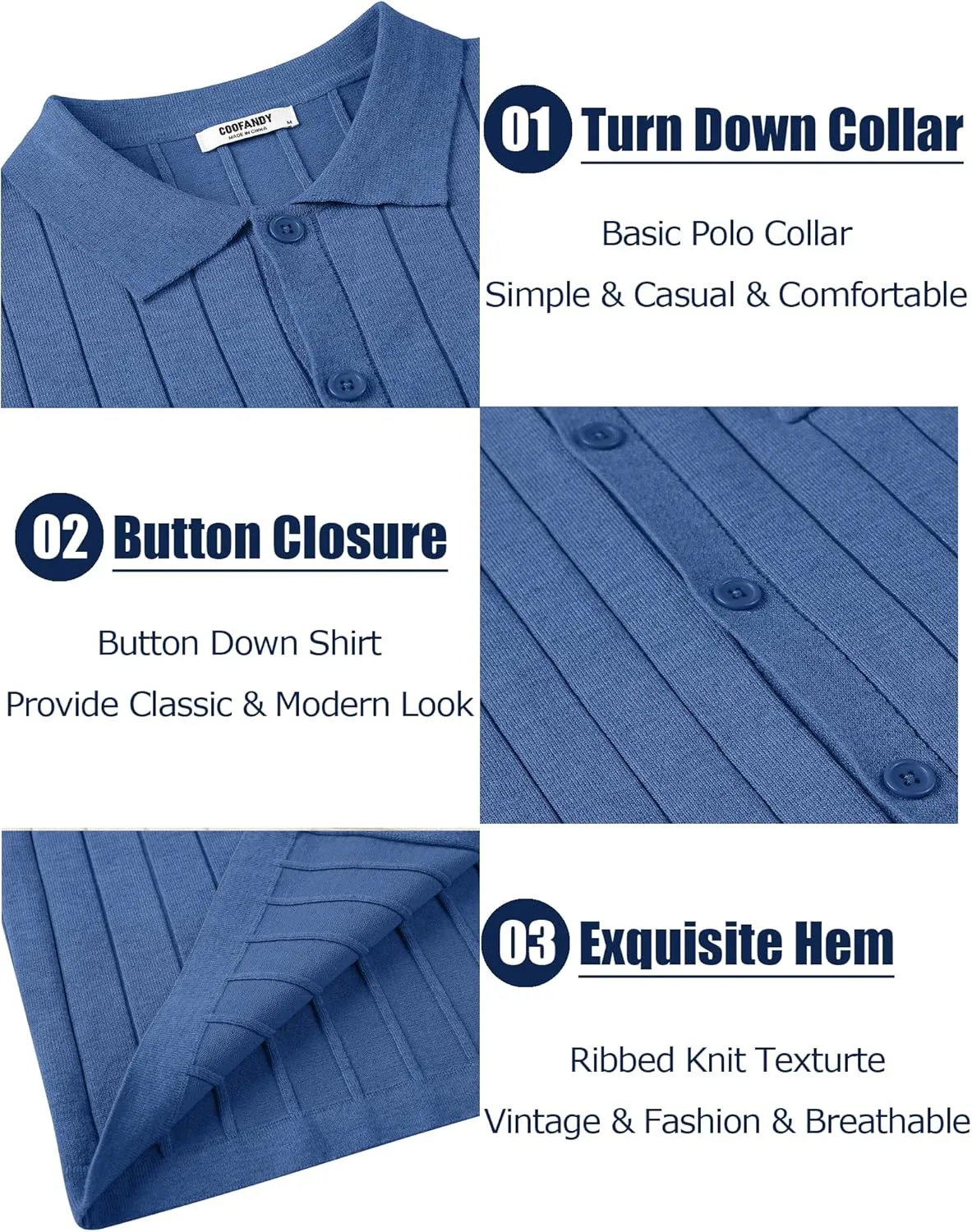 COOFANDY Men's Casual Knit Polo Shirts Long Sleeve Button Down Sweater Polo Ribbed Cardigan Sweater with Pocket