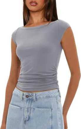 Darong Women's Summer Cap Sleeve Tops Slim Fitted Boat Neck Basic Tee Casual Going Out Top Shirts