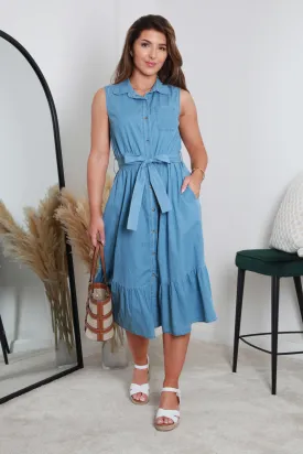 Double Second Belted Denim Chambray Shirt Dress