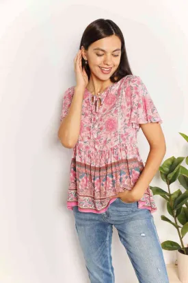 Double Take Bohemian Decorative Button Tie-Neck Peplum Blouse, Also in Plus sizes