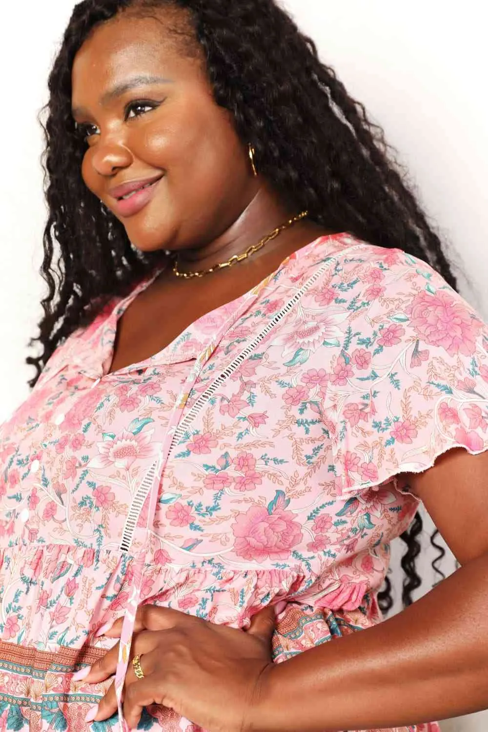 Double Take Bohemian Decorative Button Tie-Neck Peplum Blouse, Also in Plus sizes